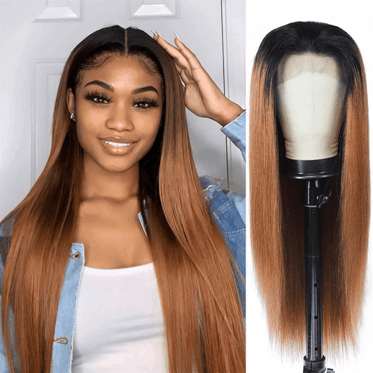 Auburn Ombre Straight Human Hair Wigs With Dark Roots T1B/30 Two Tone Color Pre Plucked