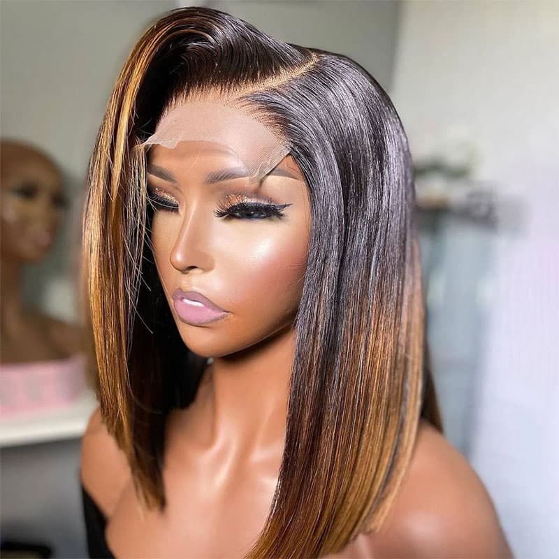  Ombre Highlight Bob Wig Human Hair 13x4 Lace Front Wigs P4/27  Colored Wigs 10 Inch Honey Blonde Bob Human Hair Wigs 180 Density Glueless  Short Human Hair Wigs for Women