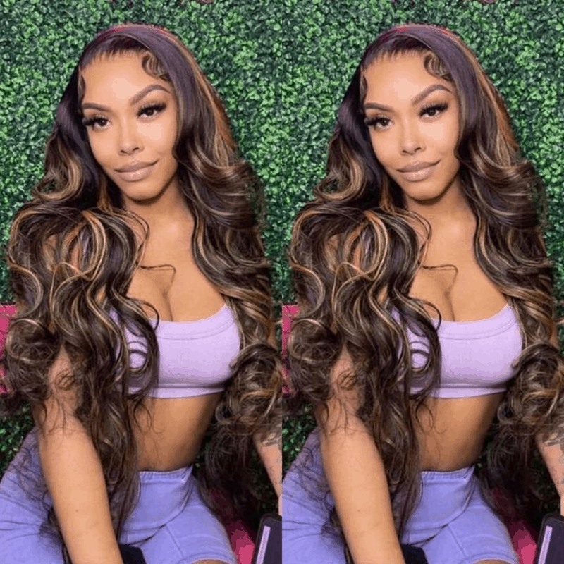 Balayage Body Wave Honey Blonde Human Hair Wigs 13×4 Lace Front With Ombre Highlights