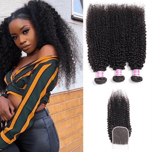 Remy Forte Brazilian Kinky Curly Hair 3 Bundles with 4×4 Lace Closure Natural Color Hair Bundles