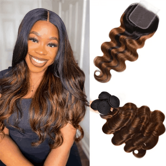 Remy Forte #FB30 4×4 Lace Closure With 4 Bundles Body Wave Brown Balayage Ombre Human Hair Bundles