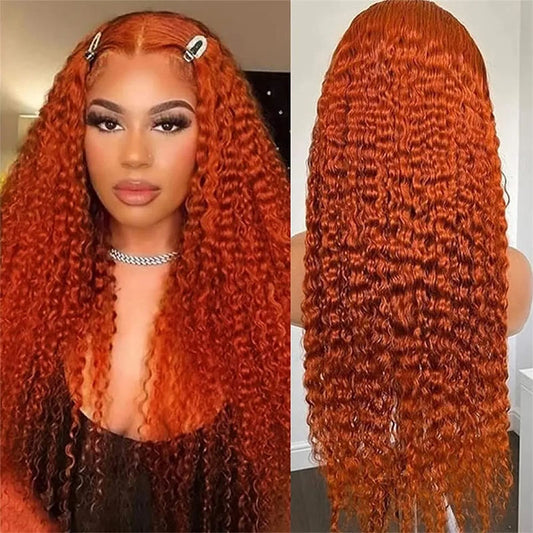 Ginger Orange Color And 99J Burgundy Deep Wave Colored Curly Lace Human Hair Wigs 180% Density