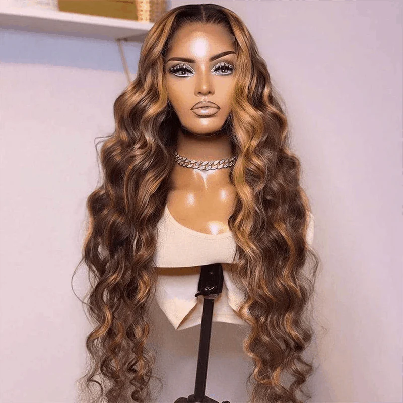 Body Wave Honey Brown Highlights Wear and Go Wigs Pre Cut Lace