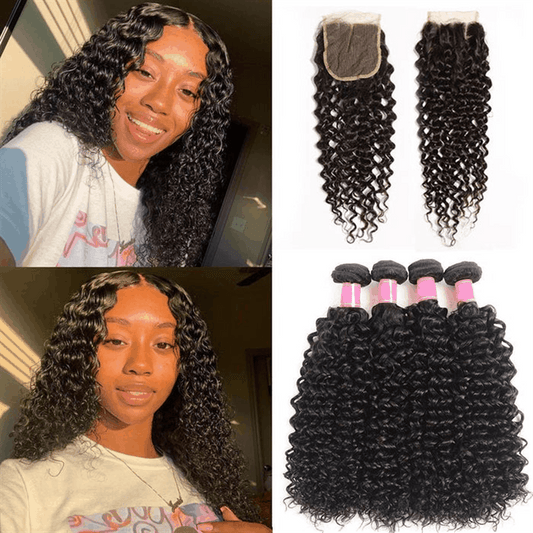 Remy Forte Jerry Curly 4 Bundles With 4×4 Lace Closure Virgin Human Hair Weave Natural Color