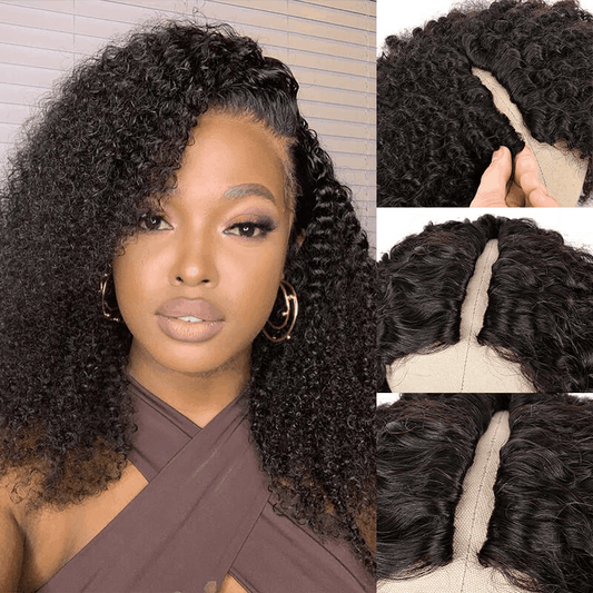 V Part Wig Kinky Curly Upgrade U Part Human Hair Wigs Thin Part Glueles Wigs Natural Color No Lace