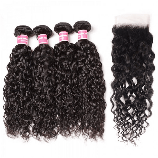 Remy Forte Water Wave Hair Bundles 4 Pcs With 4×4 Lace Closure Human Hair Bundles Tangle Free