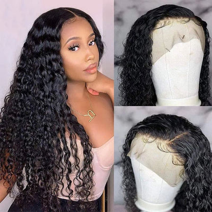 13×4 Water Wave Lace Front Wig Human Hair Pre Plucked 180% Density Natural Black Color
