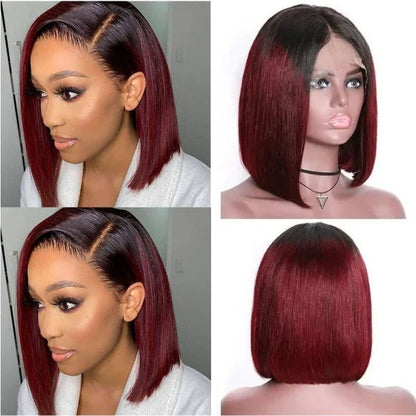 1B/99J Red Burgundy Wig Bob Lace Short Straight Human Hair Wigs Pre Plucked 180% Density