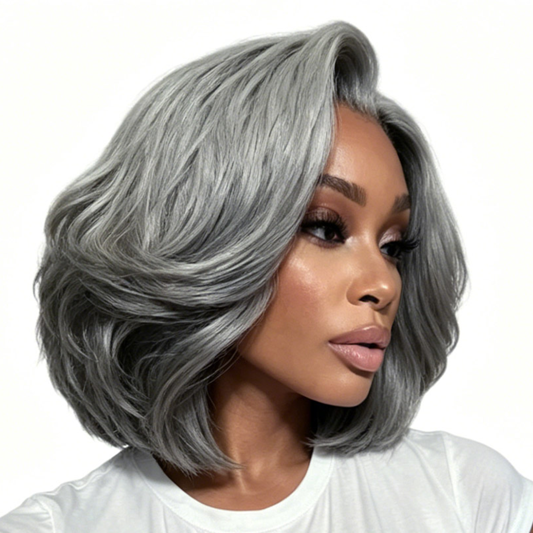 Salt & Pepper Curly Wave Bob Wig 100% Human Hair Pre-Cut 5x5 HD Lace Glueless Wear & Go Grey Wig Pre-Plucked Natural Summer Hairstyle