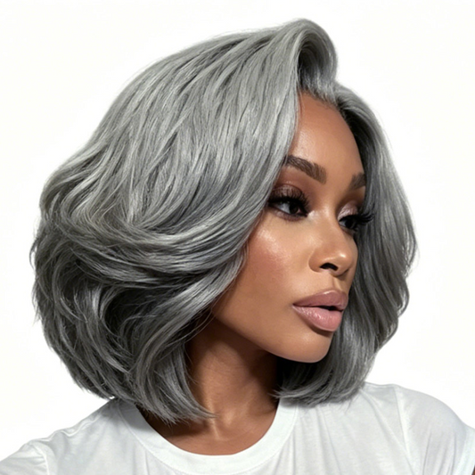 Salt & Pepper Curly Wave Bob Wig 100% Human Hair Pre-Cut 5x5 HD Lace Glueless Wear & Go Grey Wig Pre-Plucked Natural Summer Hairstyle