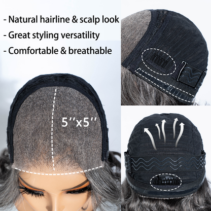 Salt & Pepper Curly Wave Bob Wig 100% Human Hair Pre-Cut 5x5 HD Lace Glueless Wear & Go Grey Wig Pre-Plucked Natural Summer Hairstyle