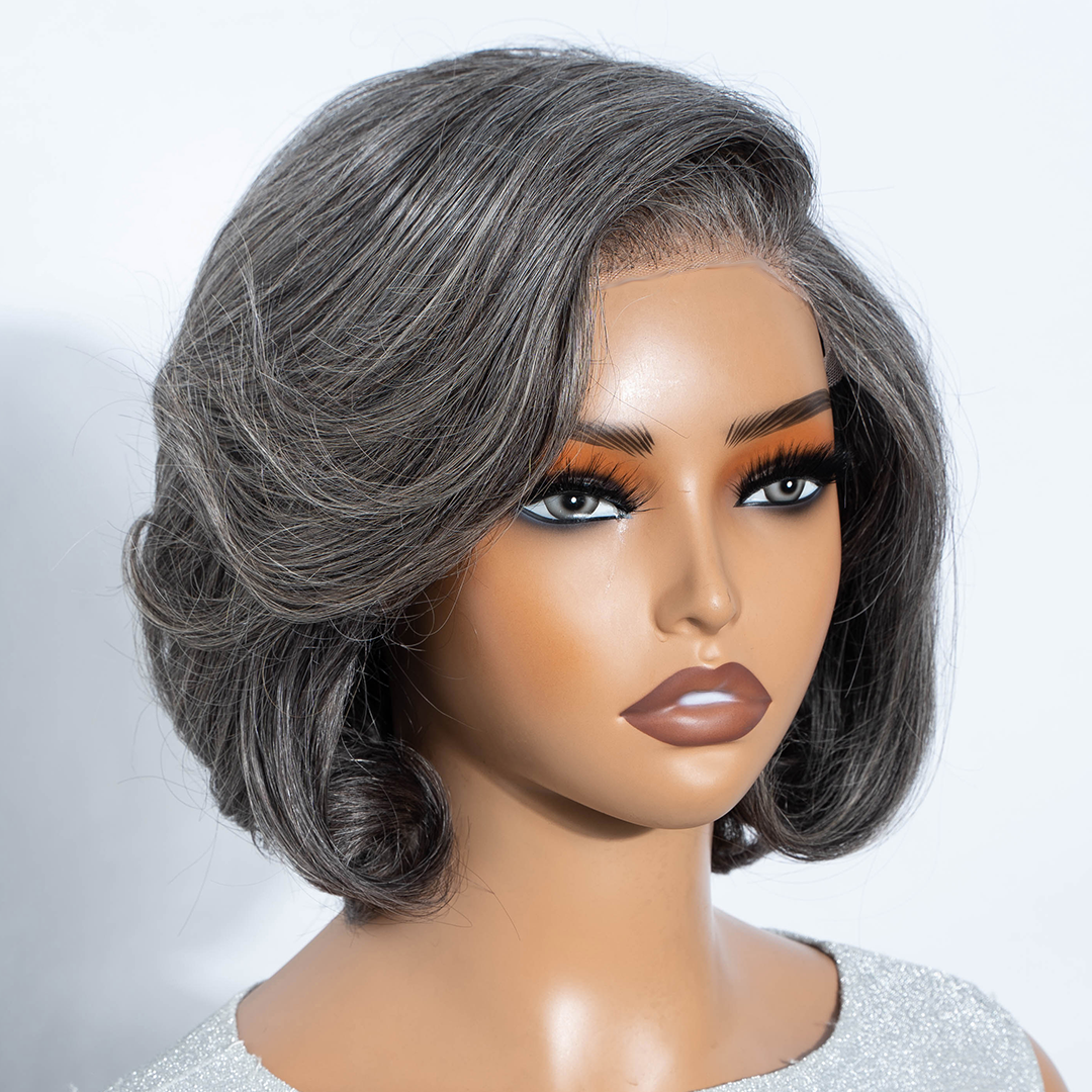 Salt & Pepper Curly Wave Bob Wig 100% Human Hair Pre-Cut 5x5 HD Lace Glueless Wear & Go Grey Wig Pre-Plucked Natural Summer Hairstyle
