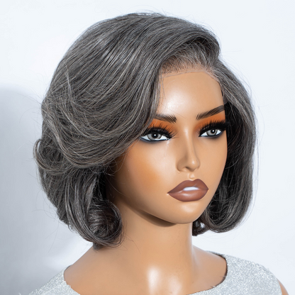 Salt & Pepper Curly Wave Bob Wig 100% Human Hair Pre-Cut 5x5 HD Lace Glueless Wear & Go Grey Wig Pre-Plucked Natural Summer Hairstyle