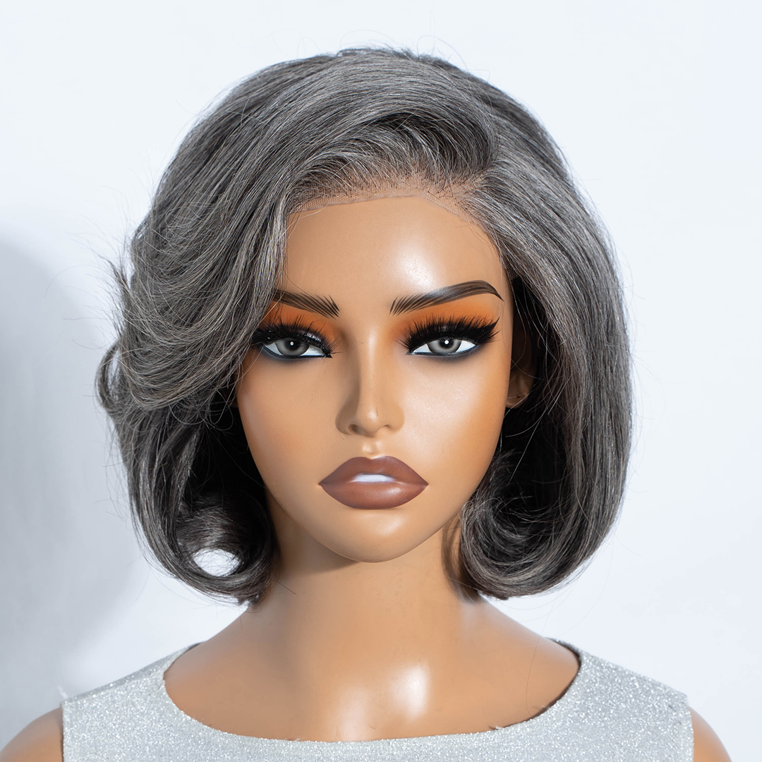 Salt & Pepper Curly Wave Bob Wig 100% Human Hair Pre-Cut 5x5 HD Lace Glueless Wear & Go Grey Wig Pre-Plucked Natural Summer Hairstyle