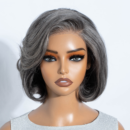 Salt & Pepper Curly Wave Bob Wig 100% Human Hair Pre-Cut 5x5 HD Lace Glueless Wear & Go Grey Wig Pre-Plucked Natural Summer Hairstyle