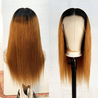 Auburn Ombre Straight Human Hair Wigs With Dark Roots T1B/30 Two Tone Color Pre Plucked