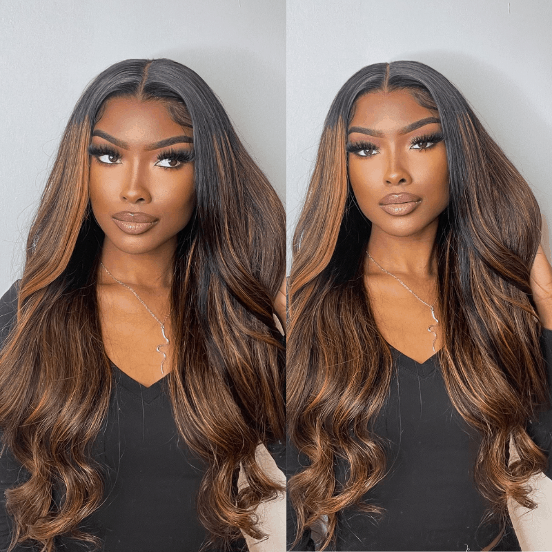 Balayage Body Wave Honey Blonde Human Hair Wigs 13×4 Pre Cut Lace With Ombre Highlights
