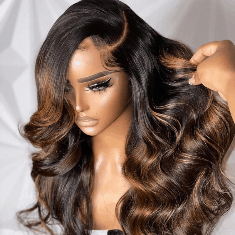 Balayage Body Wave Honey Blonde Human Hair Wigs 13×4 Pre Cut Lace With Ombre Highlights