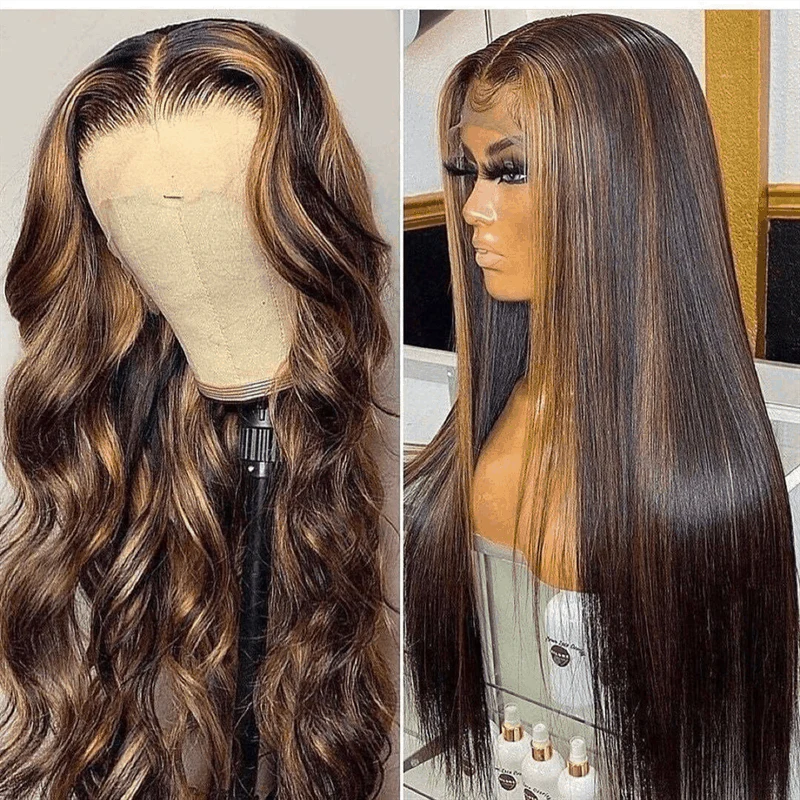 Balayage Body Wave Honey Blonde Human Hair Wigs 13×4 Pre Cut Lace With Ombre Highlights