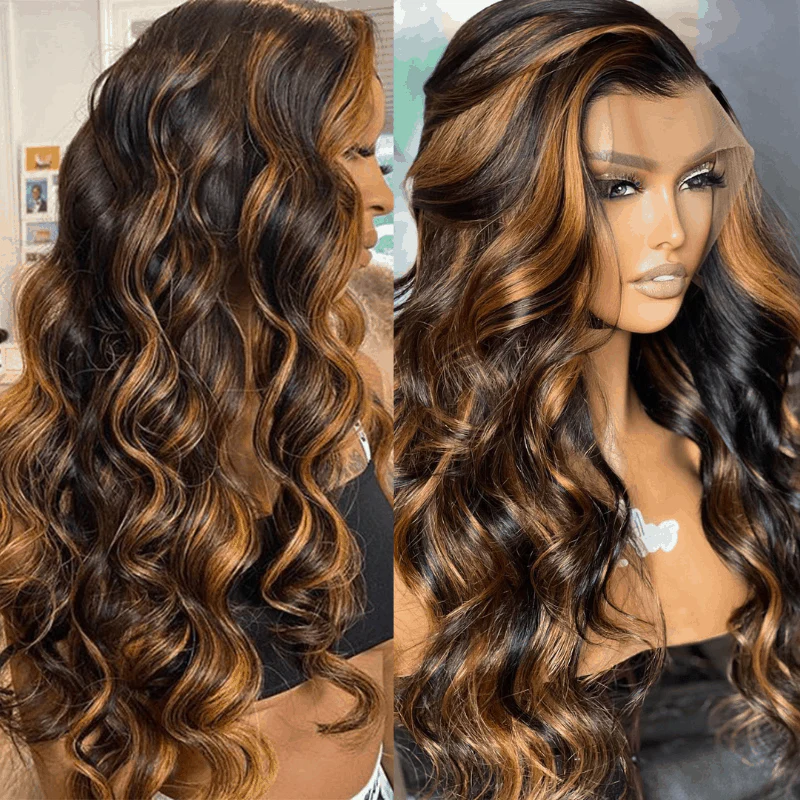 Balayage Body Wave Honey Blonde Human Hair Wigs 13×4 Pre Cut Lace With Ombre Highlights