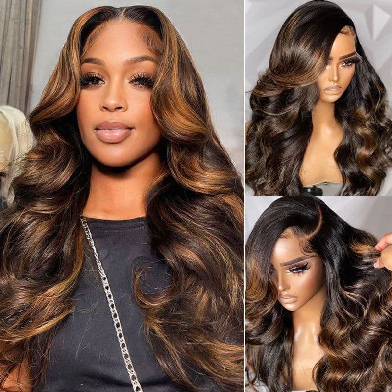 Balayage Body Wave Honey Blonde Human Hair Wigs 13×4 Pre Cut Lace With Ombre Highlights