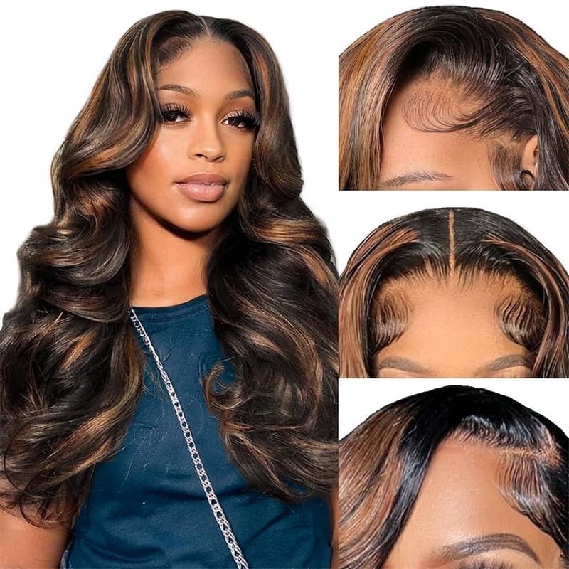 Balayage Body Wave Honey Blonde Human Hair Wigs 13×4 Pre Cut Lace With Ombre Highlights