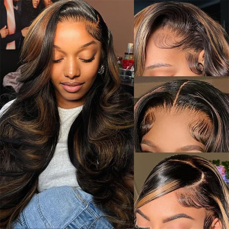 Balayage Body Wave Honey Blonde Human Hair Wigs 13×4 Pre Cut Lace With Ombre Highlights
