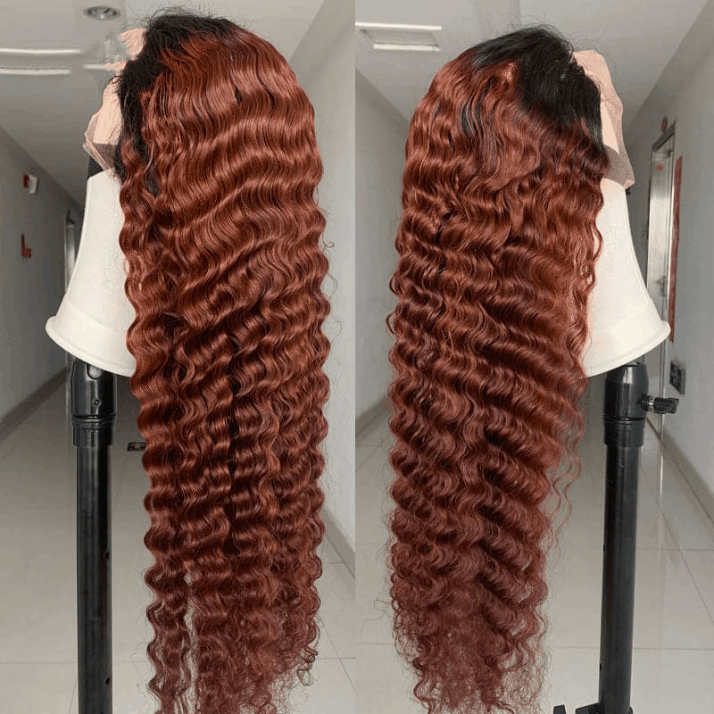 Best 1B/33 Ombre Color Loose Deep Wave HD Glueless Lace Frontal Wig Reddish Brown Colored Human Hair