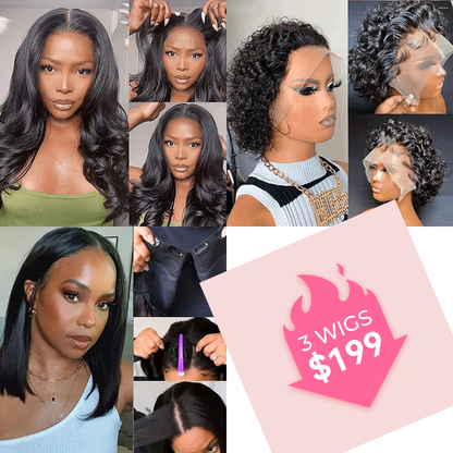 Body Wave 5×5 Pre Cut Lace Wig And 13×1 Lace Front Curly Bob Wig And V Part Bob Wig $199 Get 3 Wigs Sale