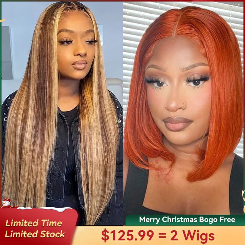 Bogo Free Highlight P4/27 Lace Straight Wig And Ginger Orange Color Lace BoB Wigs