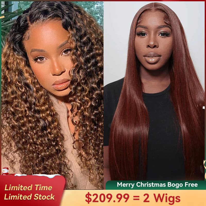 Bogo Free Highlights #4/27 Kinky Curly 13×4 Lace Wig And Reddish Brown Straight Pre-Cut Lace Wig