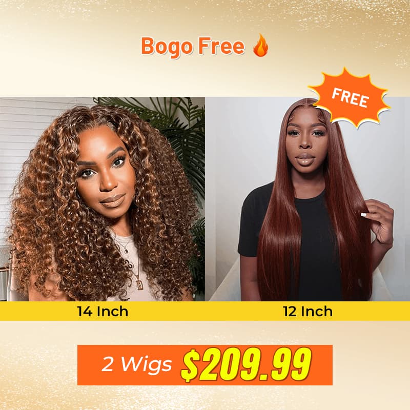 Bogo Free Highlights #4/27 Kinky Curly 13×4 Lace Wig And Reddish Brown Straight Pre-Cut Lace Wig