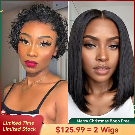 bogo free pixie cut curly short bob human hair wig and free v part human hair wigs