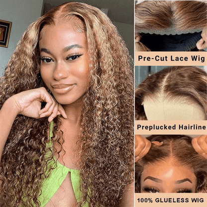 Flash Sale Wear Go TL412 Highlight Honey Blonde Kinky Curly And Jerry Curly Pre-Cut HD Lace Wig