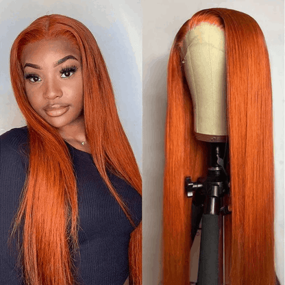 210% Density Ginger Hair Colored Wig Silky Straight 4×4 Lace Closure Human Hair Wigs