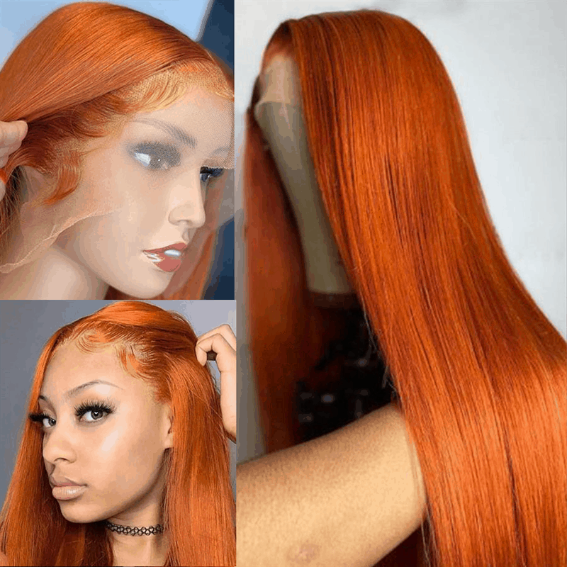 210% Density Ginger Hair Colored Wig Silky Straight 4×4 Lace Closure Human Hair Wigs