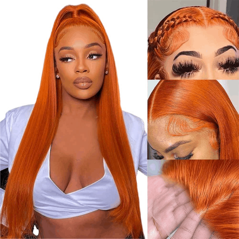 210% Density Ginger Hair Colored Wig Silky Straight 4×4 Lace Closure Human Hair Wigs