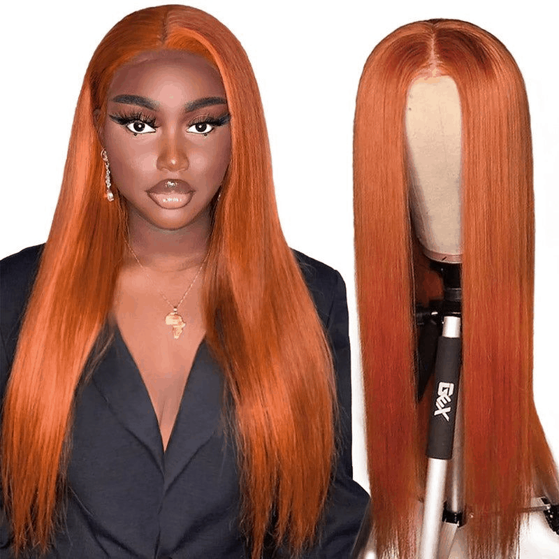 210% Density Ginger Hair Colored Wig Silky Straight 4×4 Lace Closure Human Hair Wigs