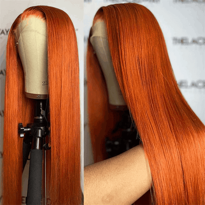 210% Density Ginger Hair Colored Wig Silky Straight 4×4 Lace Closure Human Hair Wigs