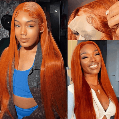 210% Density Ginger Hair Colored Wig Silky Straight 4×4 Lace Closure Human Hair Wigs