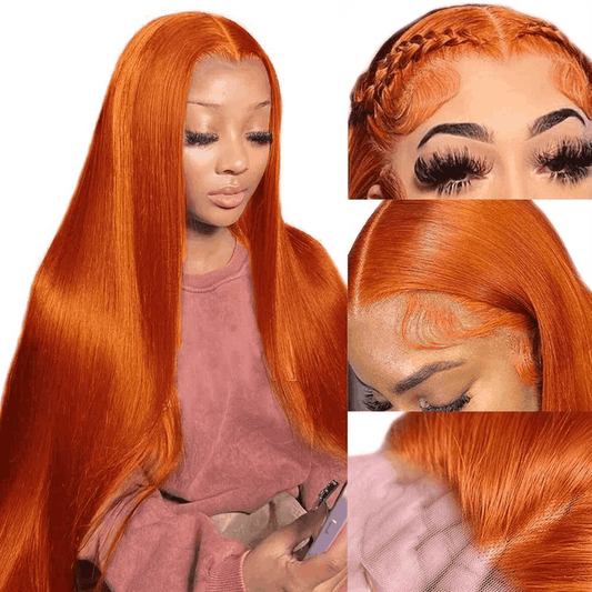 210% Density Ginger Hair Colored Wig Silky Straight 4×4 Lace Closure Human Hair Wigs