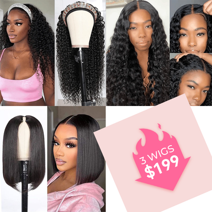 Headband Kinky Curly Wig And 5×5 Pre Cut Lace Closure Water Wave Wig And V Part Bob Wig $199 Get 3 Wigs Sale