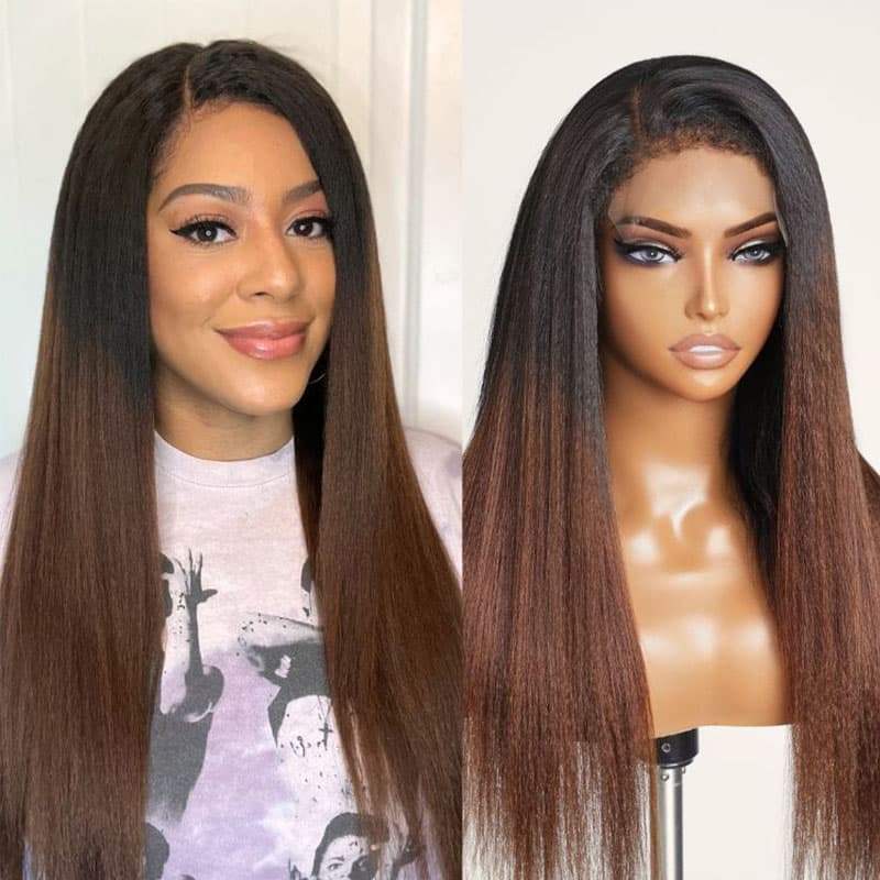 Highlight Brown Color Kinky Straight 4C Kinky Edges 5×5 Closure Lace Glueless Wig Black To Brown