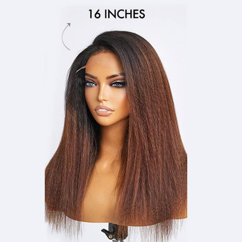Highlight Brown Color Kinky Straight 4C Kinky Edges 5×5 Closure Lace Glueless Wig Black To Brown