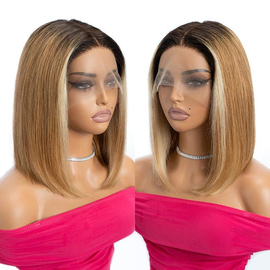 Highlight Ombre Colored Short Bob T Part Lace Front Wigs Straight Bob Wigs Human Hair