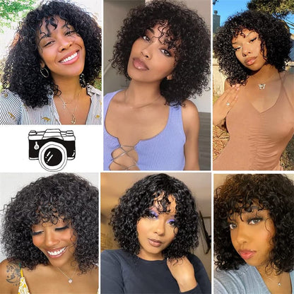 Jerry Curly Human Hair Wigs With Bangs Virgin Human Hair Ombre Colored Bob Wig Wear Go Glueless Wig