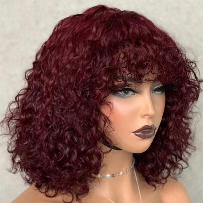 Jerry Curly Human Hair Wigs With Bangs Virgin Human Hair Ombre Colored Bob Wig Wear Go Glueless Wig