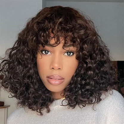 Jerry Curly Human Hair Wigs With Bangs Virgin Human Hair Ombre Colored Bob Wig Wear Go Glueless Wig