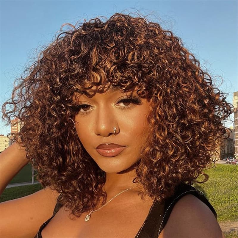 Jerry Curly Human Hair Wigs With Bangs Virgin Human Hair Ombre Colored Bob Wig Wear Go Glueless Wig