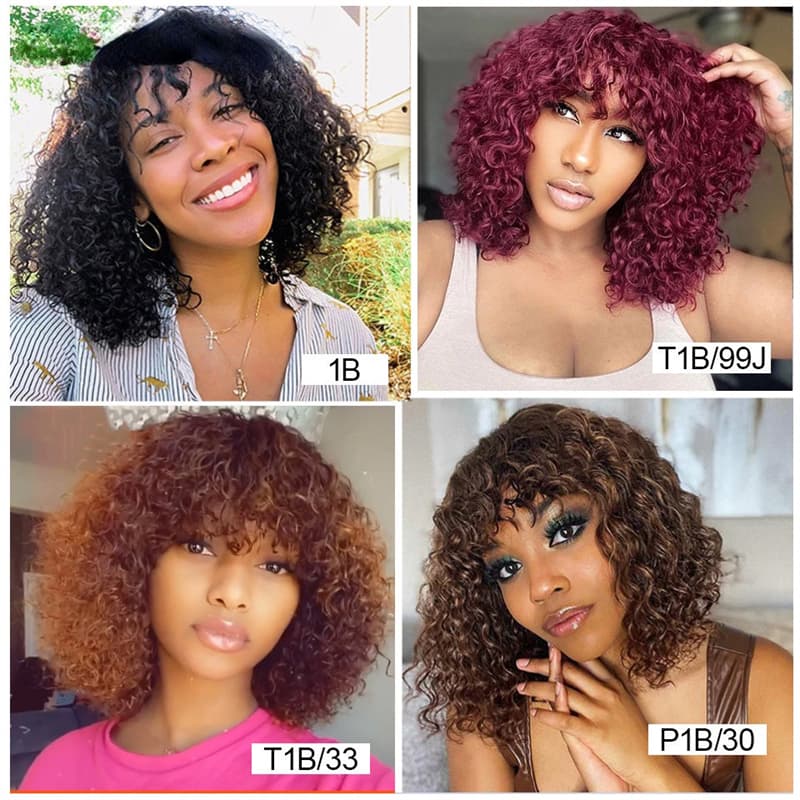 Jerry Curly Human Hair Wigs With Bangs Virgin Human Hair Ombre Colored Bob Wig Wear Go Glueless Wig